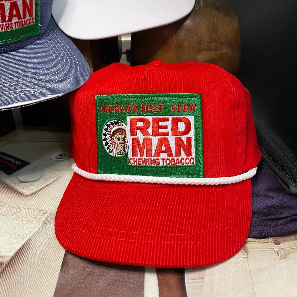 Red Man Patch Corduroy Cap — Cap Front Logo Digitizing sample
